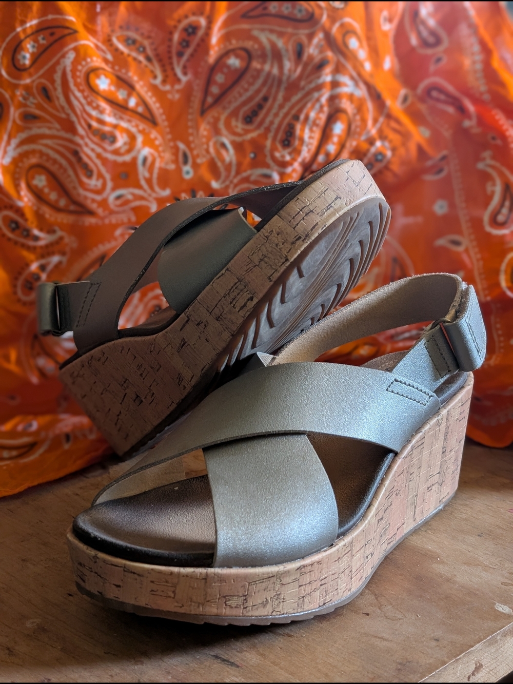 Clarks Metallic Silver Cork Wedge Sandals